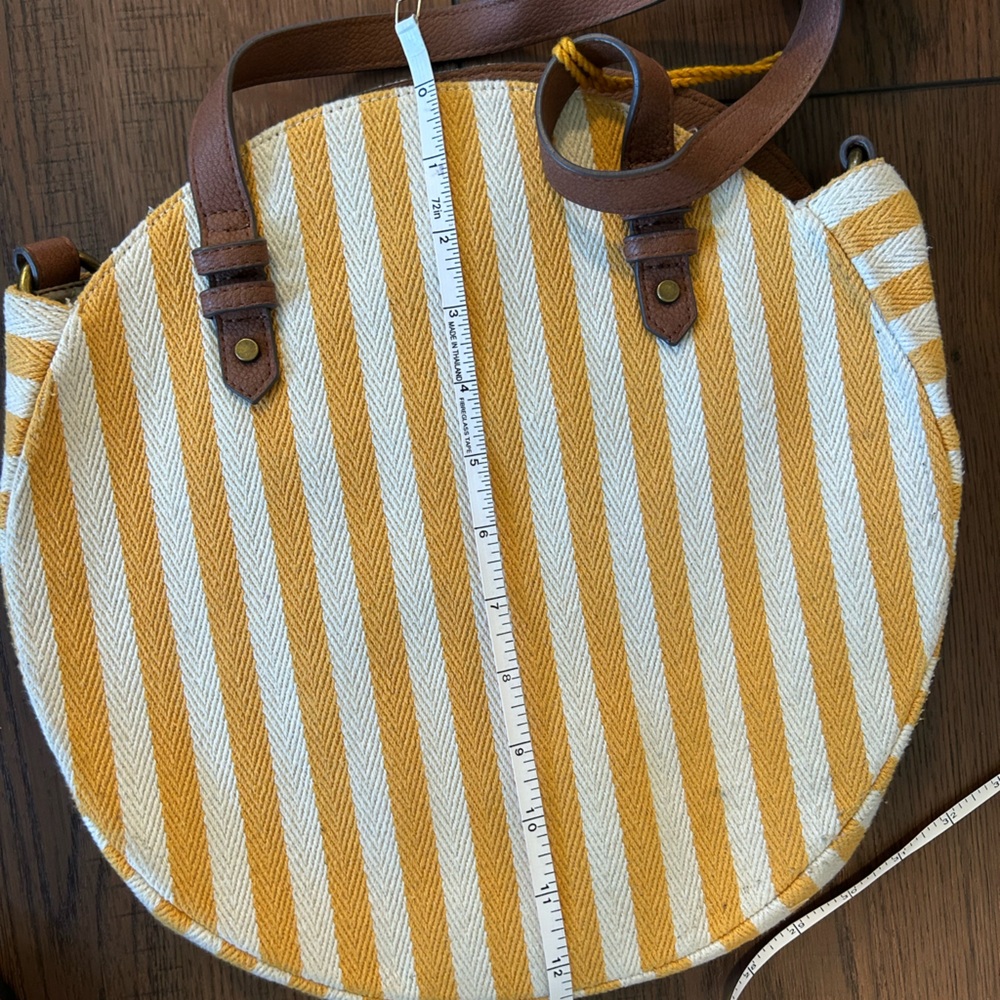Sonoma Striped Round Canvas Tote Bag with Pom Pom Accent - Yellow and White - Picture 7 of 7